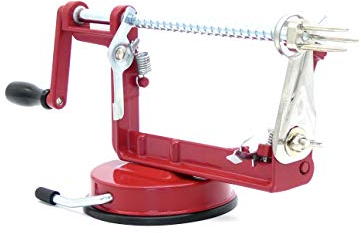 ICO Sbuccia Mela e Taglia Torsolo, Macchina in Alluminio Pela Mele con Base a Ventosa Sicura e 3 Funzioni: Sbuccia, Rimuove Torsolo e Affetta, Rosso