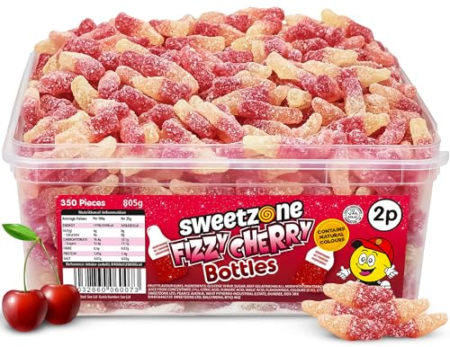 Sweetzone Small Fizzy Cherry Bottles Halal Sweets, 805g, 350 Pcs Sweet Box, Jelly Sweets, Fizzy Sweets, Tubs of Sweets for Retro Sweets Lovers