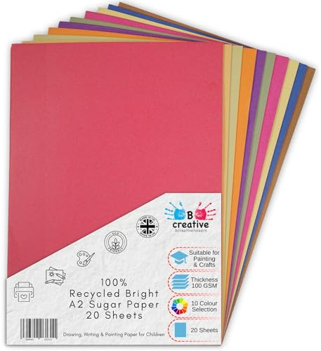Be Creative A2 återvunnet sockerpapper 59,4 x 42 cm 100 gsm – 20 ark i 10 blandade ljusa färger för konst, hantverk, ritning och scrapbooking