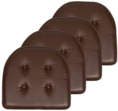 Sweet Home Collection Chair Cushion Memory Foam Pads Tufted Slip Non Skid Rubber Back U-Shaped 17 x 16 Seat Cover, Faux Leather Chocolate Brown 4 Count