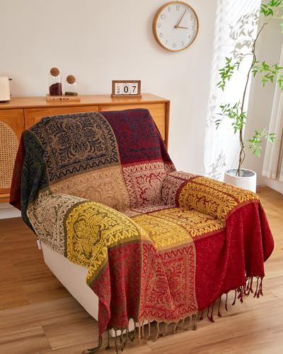 AIVIA Boho Throw Blanket, Chenille Jacquard Colorful Bohemian Chair Recliner Furniture Cover Aztec Hippie Throws Loveseat Sofa Blankets (60 x 75, Red Green Navy Yellow)