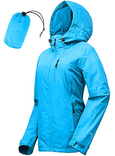 33,000ft Regenjacke Damen Wasserdicht Outdoorjacke Atmungsaktiv Herbst Übergangsjacke Leichte Jacke mit Kapuze Windbreaker zum Wandern Reisen Treking Fahrrad (Meerblau 34)