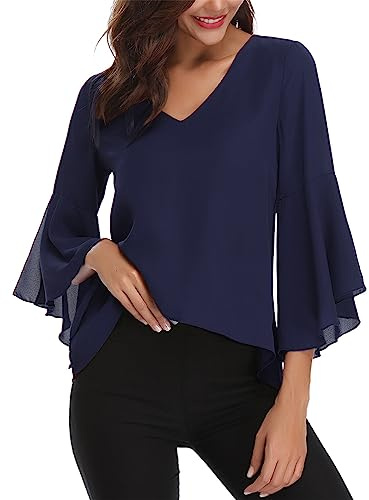 Gyabnw Camicia Donna Elegante in Chiffon Estiva Traspirante 3/4 Manica Volant Scollo a V Blusa B-Blu Navy,L