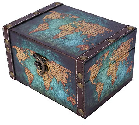 Hapivida Boîte de Coffre Au Trésor en Bois Vintage avec Motif de Carte Bijoux Souvenirs Bibelot Coffre au Trésor de Noël Boîtes D'affichage Accessoire Photographique Décoration de Fête