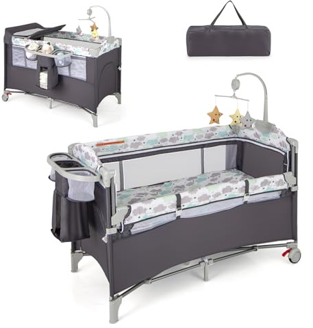DREAMADE 4 in 1 Reisebett mit Matratze, 120 x 60cm Beistellbett Baby mit Rollen, Babybett Klappbar als Wickeltisch & Laufgitter, Kinderreisebett Baby ab Geburt (Grau)