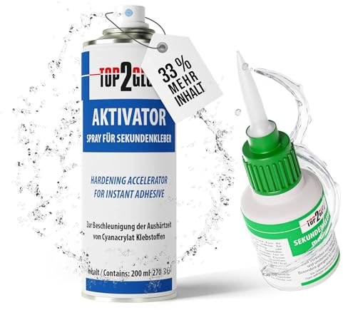 Sekundenkleber Extra Stark 50g mit Aktivator - Top2Glue - hitzebeständig und wasserfest - Industriequalität - Super Kleber verwendbar zum Kleben von Plastik, Kunststoff, Glas, Holz, Stein, Metall