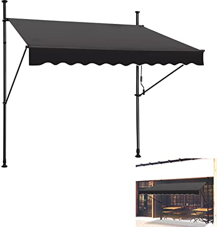 YRHome Store de balcon avec manivelle - 200 cm de large - Sans perçage - Réglable en hauteur - Protection solaire - Imperméable - Gris foncé - 250 cm