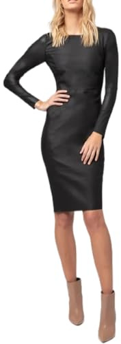 Prime Fashions - Abito da donna con maniche lunghe in similpelle con effetto bagnato, Bodycon Midi - Abito mini in similpelle nero semplice ed elegante - Perfetto per ogni occasione, Nero , S-M