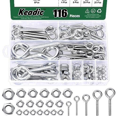 Keadic 58Pcs 6 Sizes Eye Bolt Screw with Nut Assortment M5 M6 M8 M10 Stainless Steel Marine Grade Stainless Steel Lifting Ring Threaded Eyebolts for Hanging Curtains Clotheslines Fencing Boat