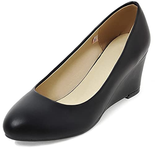 Femme Escarpins À Talon Compensé Bout Rond Escarpins Élégants A Enfiler Chaussures Habillées À Talons Mi-Hauts, 14352Epu Noir Taille 38 EU