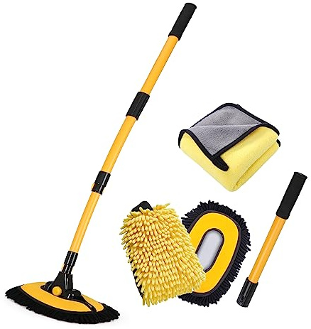 NEZENO 57'' Car Wash Brush with Long Handle Chenille Microfiber Car Wash Kit， Mitt Retractable Bent Pole Car Wash Brush for Cars RV Truck Boat (Yellow)