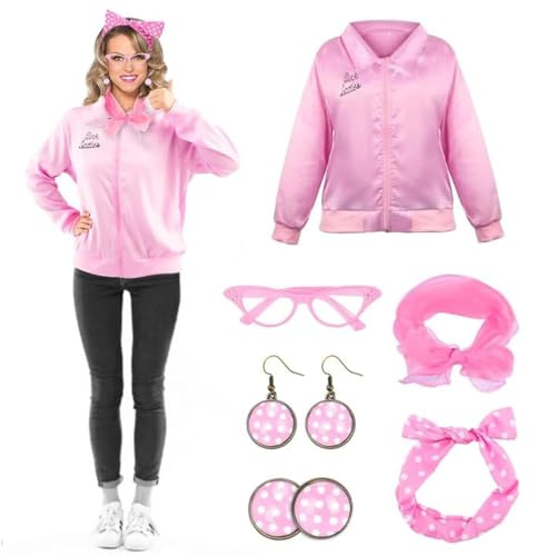 Rosa damjacka, fin klänning för damer jacka fett maskeradkostymer för vuxna – 1950-tals tillbehör för kvinnor rosa outfit med rosa glasögon pannband silkesscarf örhängen för dam tonårsflickor