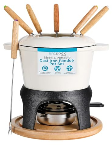 BIRDROCK HOME Cast Iron Fondue Pot Set | 8 Fondue Forks, Chrome Safety Burner | Chocolate, Cheese, Melting, Dip Warmer, Mini Fountain, Covered Strawberries | Wedding Gifts, Hosting Essentials | Cream