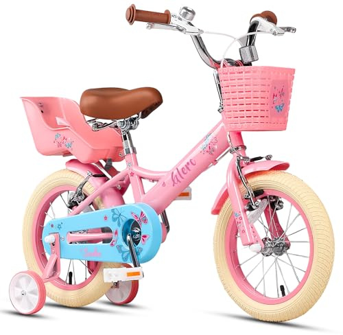 Glerc Sasha 14-tums småbarnscykel för 3-, 4- och 5-åriga flickor i retro-/vintagestil, barncyklar med dockcykelsäte & stödhjul, rosa