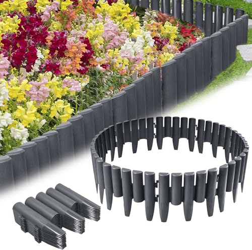 VA-Cerulean 40 Stück Kunststoff Rasenkante,11.2m Holzoptik Beeteinfassung,Beetumrandung Palisade,Gartenpalisade,Beetzaun,Randsteine,Anthrazit,1 Element (L x H): 28 x 24cm