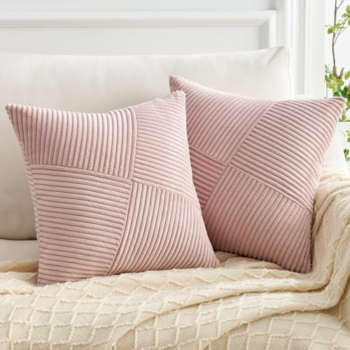 Topfinel Kissenbezug 60x60 Altrosa Kordsamt 2er Set Windmühle Streifen Muster Kissenbezüge Kissenhülle Dekokissen Sofakissen Patchwork Design Deko Wohnzimmer Bett Schlafzimmer Sofa