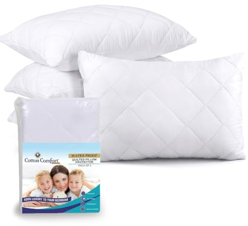 Cotton Comfort Bedding Anti Allergy Pillow Protectors 4 Pack - 100% Waterproof Pillow Case Protector Ultra Soft & Breathable Microfiber Quilted Pillow Protectors Waterproof White 50x75cm