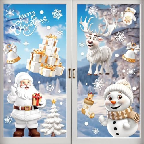 190Pcs Christmas Window Stickers - 9 Sheets Double Side Window Cling Xmas Scene Stickers - White Christmas Decorations for Windows
