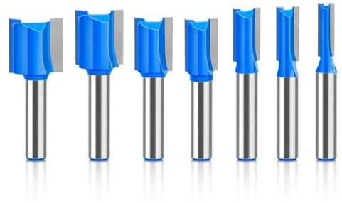 7 PCS 8mm Shank Straight Router Bit 20mm Cutting Length 6/8/10/12/14/18/20mm Cutting Diameter Carbide Tipped Double Flute Straight Cut Router Bits (Blue)