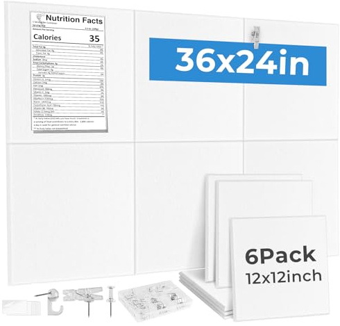 Paquete de 6 tableros de corcho para pared, cuadrados de 30 x 30 cm, tablero de anuncios blanco de 9 mm de grosor, azulejos de fieltro con 60 pines, tablero pequeño para oficina en casa, azulejos de