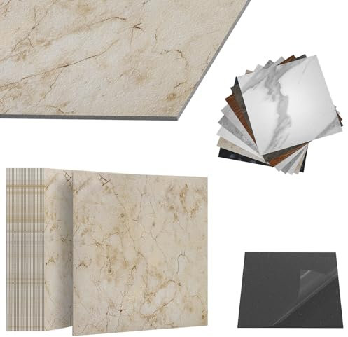 ACXIN Pavimento in PVC autoadesivo effetto piastrelle, adesiva per cucina, bagno, soggiorno (effetto marmo beige, 7,5 m², 81 piastrelle)