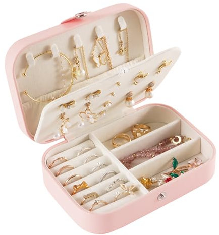 Guyode 16 x 11 x 5 cm Boîte à bijoux de voyage pour filles et dames Boîte à bijoux pour fille, porte-bijoux de voyage pour ranger boucles d'oreilles, colliers, bracelets (rose)