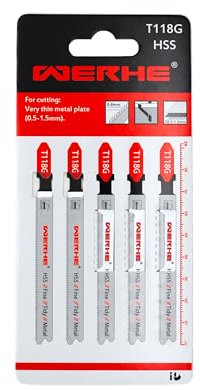 WERHE® Hoja de sierra de calar T118G 5 piezas para cortes de metal - para cortes precisos de chapas muy finas, chapas(0,5-1,5 mm) hoja de sierra de metal para sierra de calar con soporte de mango en T