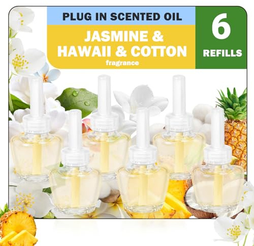 SCENTORINI Påfyllning för elektrisk luftfräschare elektrisk diffusorapparat för Air Wick och Glade jasmindofter doft för hem och studio (Hawaii, jasmin, bomull-6 x 19 ml)