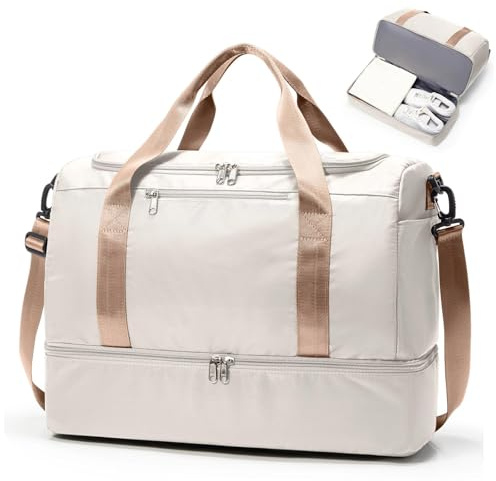 Sac de Voyage pour Femme,Bagage à Main Grand,Sac fourre-Tout de Sport Imperméable pour Week-End avec Compartiment à Chaussures pour Travel Gym Danse,D05-beige Marron