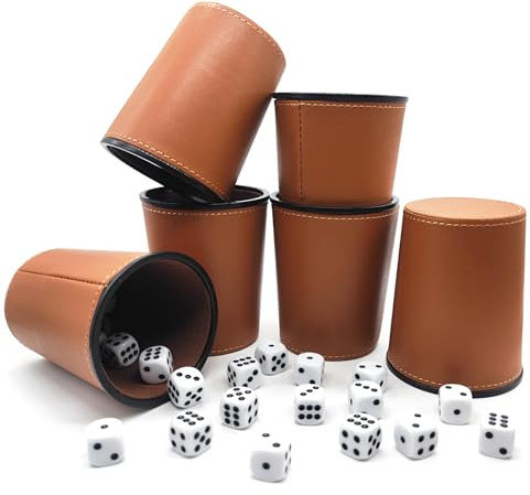 lakigoes Juego de 6 vasos de dados de piel con 36 dados (16 mm), juego de choques de poliuretano, juego de vasos de piel para fiestas de bar