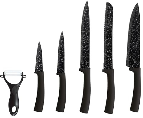 Kimbatex Kitchen Set de 5 Cuchillos + Pelador Cocina Premium con Pelador 6 Diseños | Acero Inoxidable Antiadherente,Ergonómico Profesional y Decorativo (Negro Mate Minimalista)