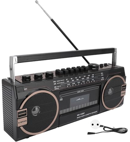 POENVFPO Kassettspelare, Retro -design, med AM FM SW-radio, USB-port 3,5 Mm Aux-ingång, Inbyggda Högtalare och Inspelare, för Smartphones, Surfplattor, Bärbara Datorer (BLACK)