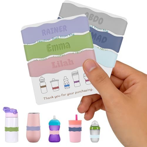 Pack 3 Banda Marcador Goma Elastica Botella de Agua Personalizada, Aro de Silicona para Botellas Personalizado, Cinta Identificadora Etiquetas Nombre Biberon Ninos, Pegatinas Impermeables Nametag Bebe