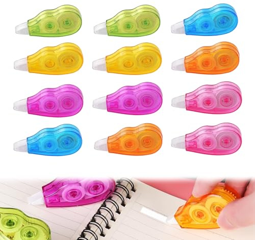 Lot de 12 Souris Correcteurs, Rubans Correcteurs Mini avec Capuchons, 4 m x 5 mm, Roller de Correction Pratique et Ergonomique, Fournitures de Papeterie pour Bureau, Maison et École, 6 Couleurs