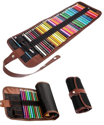 WUNZILO 72 Trous Pochette pour Crayons, Étui à Crayons Rétro Polyvalent, PU Trousse à Crayons Cuir, Trousse Crayon, Trousse Vintage Sac à Crayons, Sac Papeterie Stockage avec Outils de Fixation