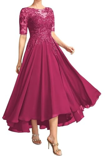 Te längd chiffong brudens mor klänningar för kvinnor båthals formell aftonklänning spets applikation bröllop gästklänning, fuchsia, 46 SE/Plus