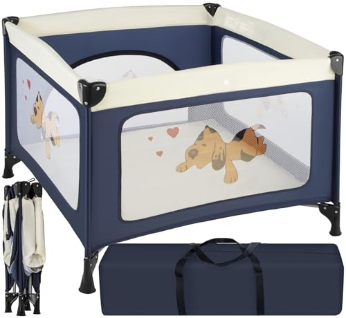 tectake® Parque Infantil Plegable con Estructura Estable, Apertura Lateral con Cremallera, Minicuna Portátil con Colchoneta, Cama Viaje, Corralito, Cuna Colecho, Cuna Bebe - 105 x 105 x 78 cm Azul