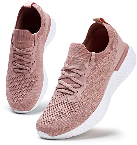 HKR Womens Athletic Running Shoes Comfortable Tennis Shoes Lightweight Walking Shoes Lace Up Trainers Breathable Wide Fit Gym Sneakers, Pink, 5.5 UK