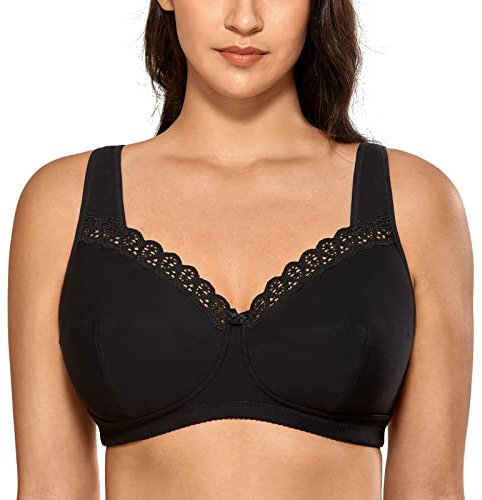 DELIMIRA Reggiseno Cotone Senza Ferretto in Pizzo Taglie Forti Morbido Senza Imbottitura Coppa Piena Nero 10B