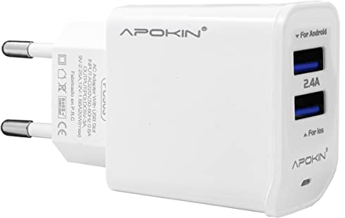 APOKIN® Cargador Doble USB Enchufe Rapido Doble USB 2.4A USB 3.0 Adaptador de Carga Cargador para Samsung iPhone iPad Huawei Xiaomi OPPO Realme LG TCL Vivo iPad Alcatel Zte (Sin Cable)