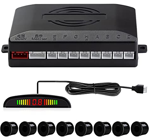 Einparkhilfe mit 8 Vorne Hinteren Parksensoren mit Summer LED-Anzeige (8 Sensoren, Schwarz)