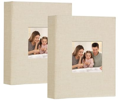 Miaikoe Small Photo Album 6x4 50 Pockets 2 Packs, Slip in Top Loading Linen Album Book Holds 100 Vertical 10x15cm Photos for Family Wedding Baby(Beige)