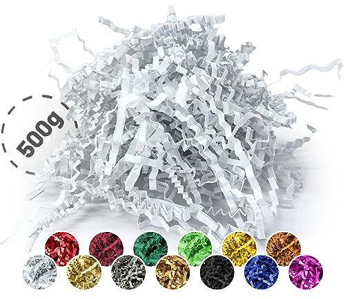 Förpackningwelt Fyllningsmaterial 500 g | Strimlat papper för presentlådor och paket | Tillverkad i Tyskland | dekoration och skydd | Packa in förpackningsmaterial och tillbehör för presenter | vit