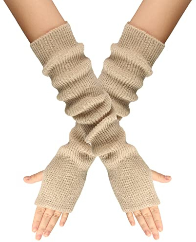 Golden Apple Women Girls Knit Cashmere Blend Gloves Long Arm Warmers Elbow Warmers Fingerless Mittens with Thumb Hole (Beige)