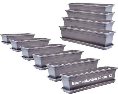 2friends Balkon Blumenkasten Set 60cm, 10er-Pack, mit Untersetzer, Kunststoff, EU-Fertigung, Anthrazit