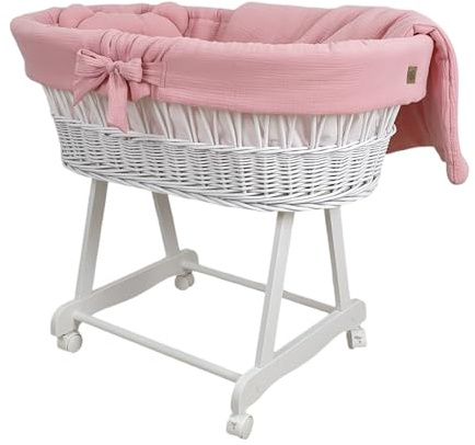 WIKLINOPOL Baby Stubenwagen – Komplettset mit Moseskorb, Matratze & Bettwäsche aus 100% Baumwolle in Rosa – sicherer Schlafplatz mit Rollen & Bremse – Modell Amelia