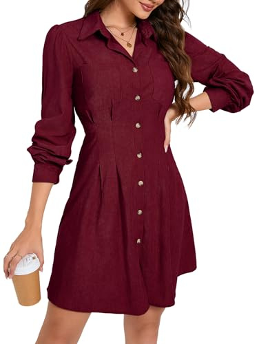 KOJOOIN Robe Chemisier pour Femme en Velours côtelé à Manches Longues, Robe Tunique trapèze, Robe Mini en Velours côtelé avec Poche et Bande de Boutons