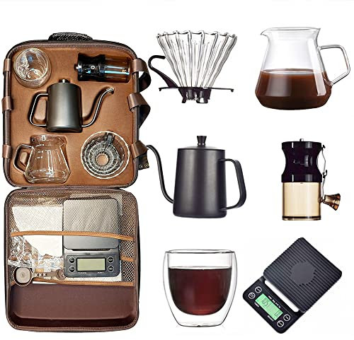 DS&DV El juego de viaje de café incluye escurridor de vidrio de báscula de café, molinillo manual, hervidor de agua, filtros de papel, taza de doble pared para camping, bar personal (cafeteras 8 en 1)