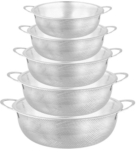 FUNSUEI Set of 5 Stainless Steel Colander with Handle, 5 Sizes Micro Perforated Strainer for Washing Pasta, Rice, Vegetables, Fruits (16.5/19.5/22.5/25.5/28.5 cm)