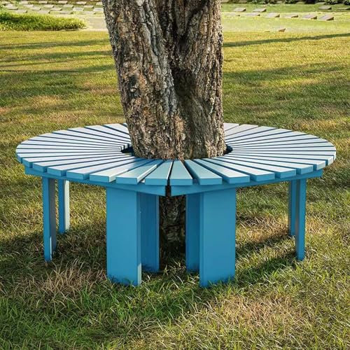 Panca da giardino per esterni per grandi alberi, panchine semicircolari per patio, panchine in legno massello senza schienale, seduta a doghe per portico, prato, giardino, cortile, 4 colori(Blu,Half R